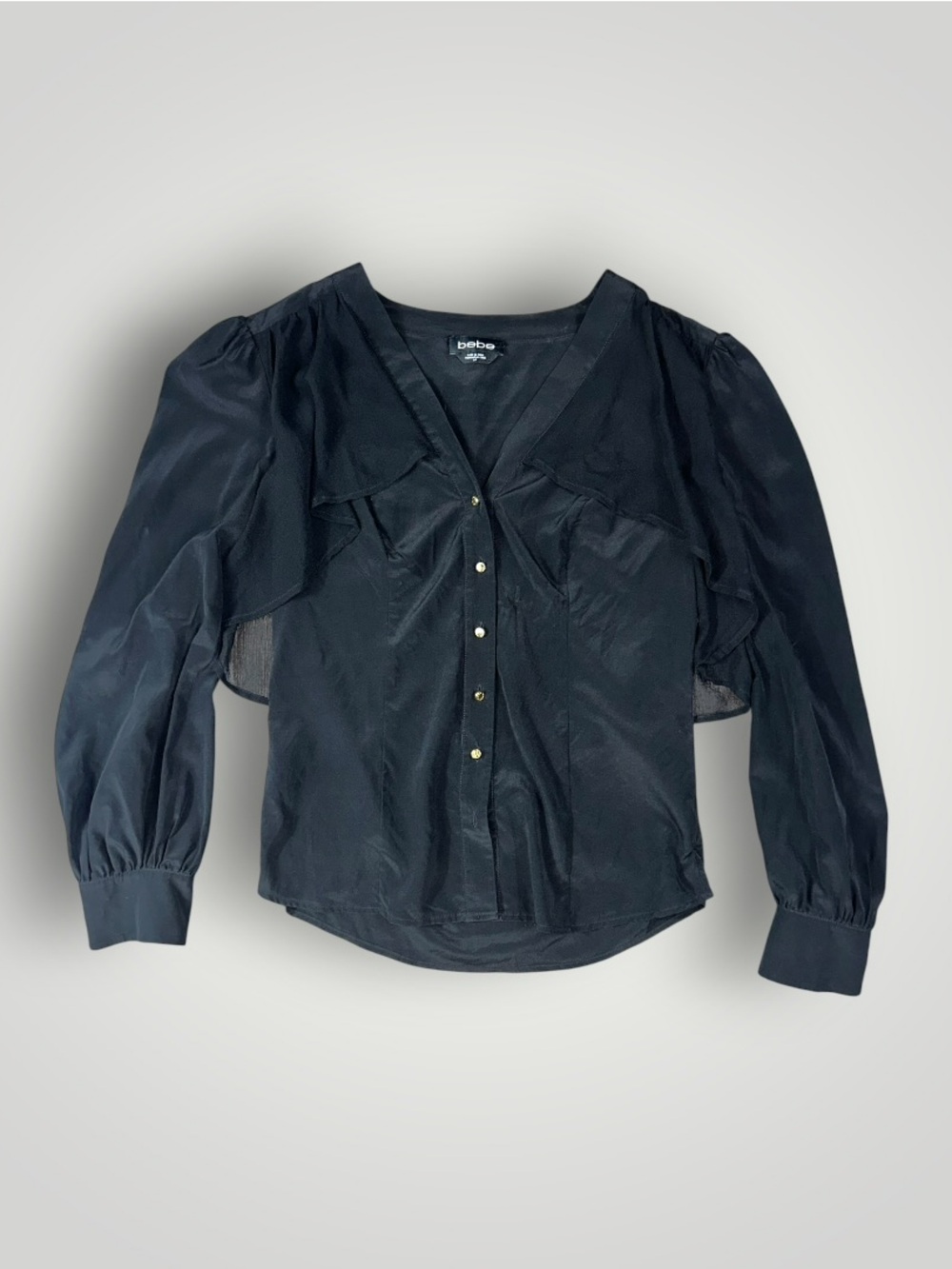 bebe Black Puff-Sleeve Blouse with Back Button Accent